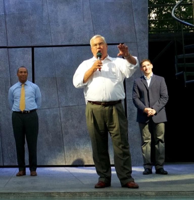 Mayor Thomas Menino before a Commonwealth Shakespeare Company performance, flanked by Gov. Deval Patrick and artistic director Steven Maler. (Ryan Maxwell)