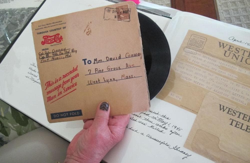 A worn record from 1944 holds the voice of the father Geraldine Morenski barely knew. He was killed during the Second World War. (Curt Nickisch/WBUR)