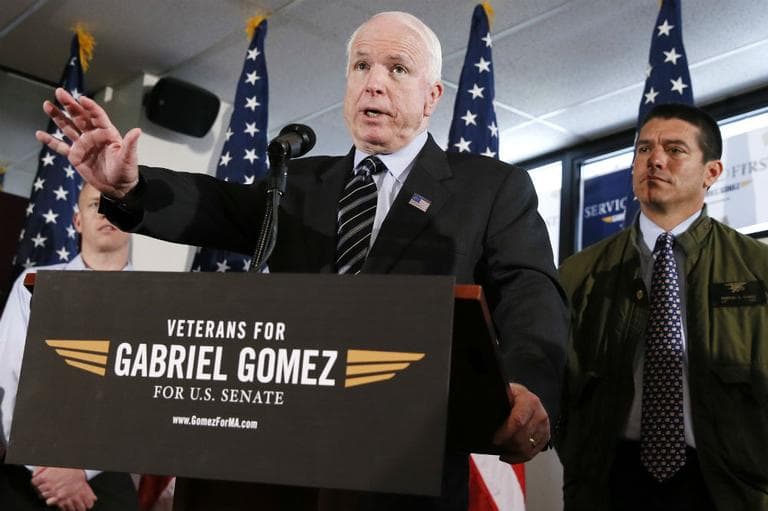 John McCain, Republican Senator from Arizona, showed his support for Republican US Senate Gabrielle Gomez during a rally in Dorchester on Monday. (AP Photo/Michael Dwyer)