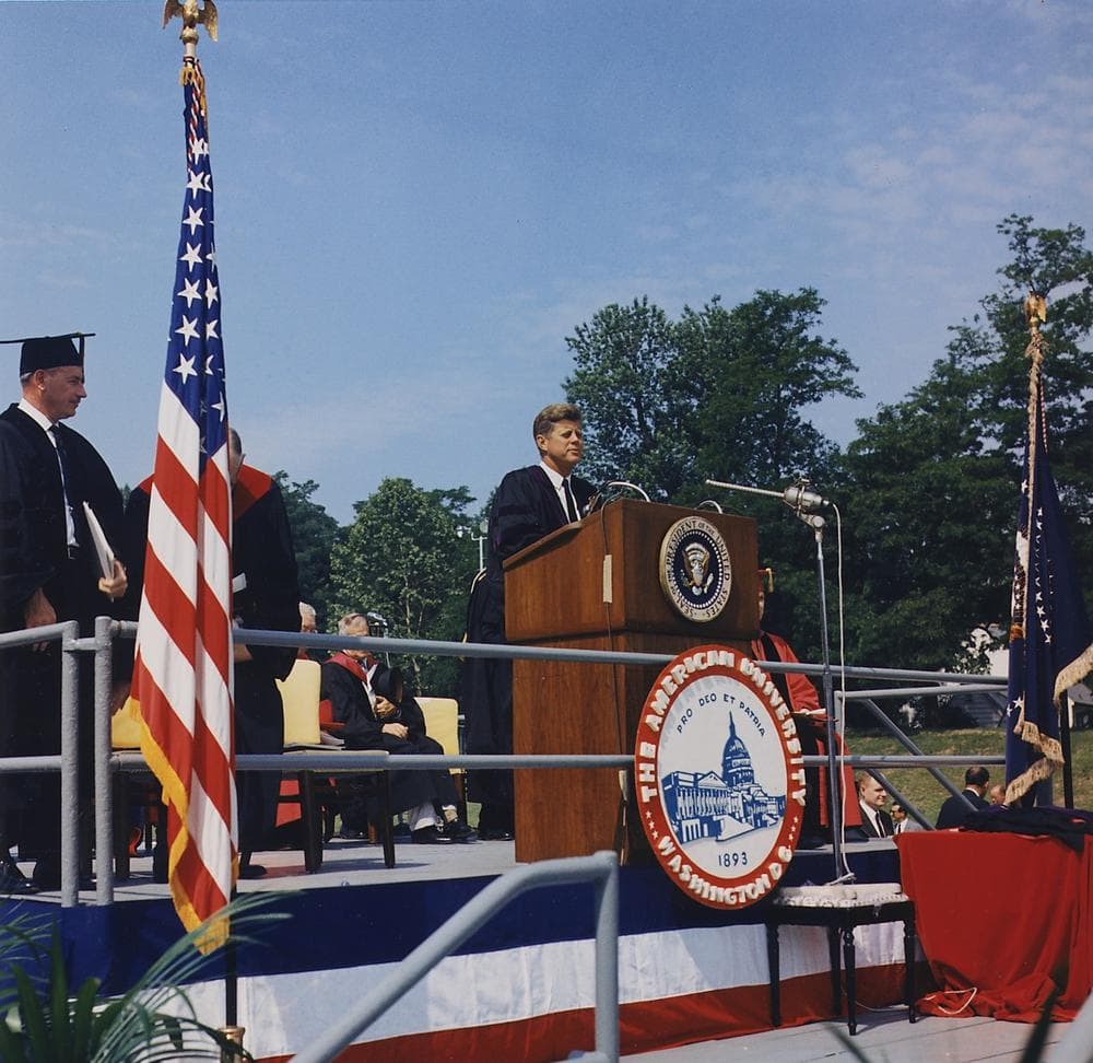 President John F. Kennedy speaks at American University on June 10, 1963. (Wikipedia)