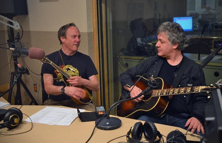 That's Jimmy Ryan on mandolin, Duke Levine on guitar, in the Radio Boston studio May 14, 2013. (Alex Kingsbury/WBUR)