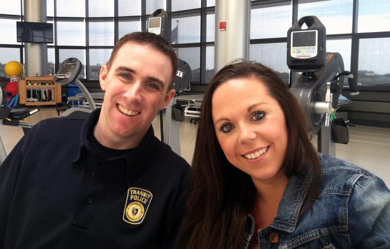 MBTA police officer Richard Donohue, who was injured during the gun battle with the Boston Marathon bombing suspects, poses with his wife Kim at Boston's Spaulding Rehabilitation Hospital. (Andrea Shea/WBUR)