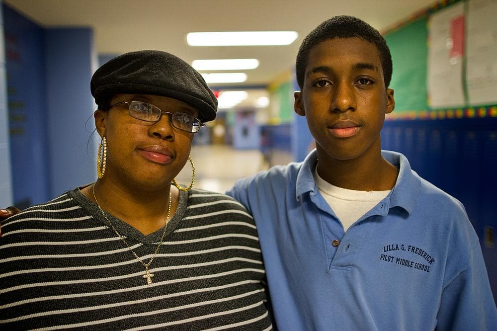 Monica Cannon-Jones and her son, Narayan Jones, an eighth-grader at the Lilla G. Frederick Pilot Middle School in Dorchester (Jesse Costa/WBUR)