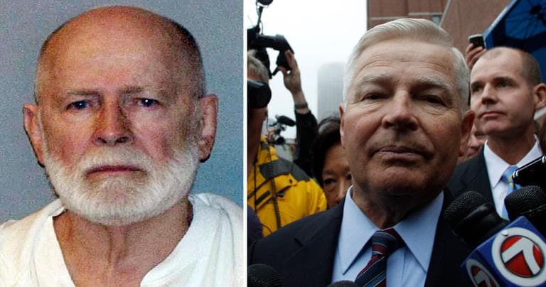 LEFT: June 2011 booking photo of James “Whitey” Bulger (U.S. Marshals/AP) RIGHT: Former Mass. Senate President William Bulger is escorted from the federal courthouse after the first appearance for his brother James “Whitey” Bulger in Boston, June 24, 2011. (Charles Krupa/AP)