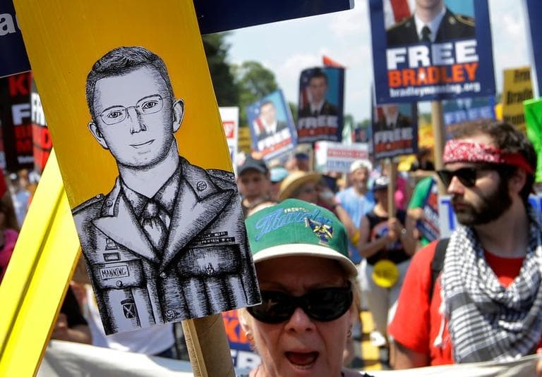Protesters march during a rally in support of Army Pfc. Bradley Manning outside of Fort Meade, Md., Saturday, June 1, 2013. (Patrick Semansky/AP)