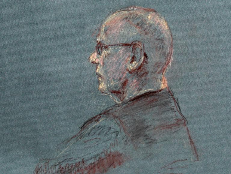 This sketch depicts James &quot;Whitey&quot; Bulger at the beginning of jury selection for his trial in U.S. District Court in Boston Tuesday. (Margaret Small/AP)