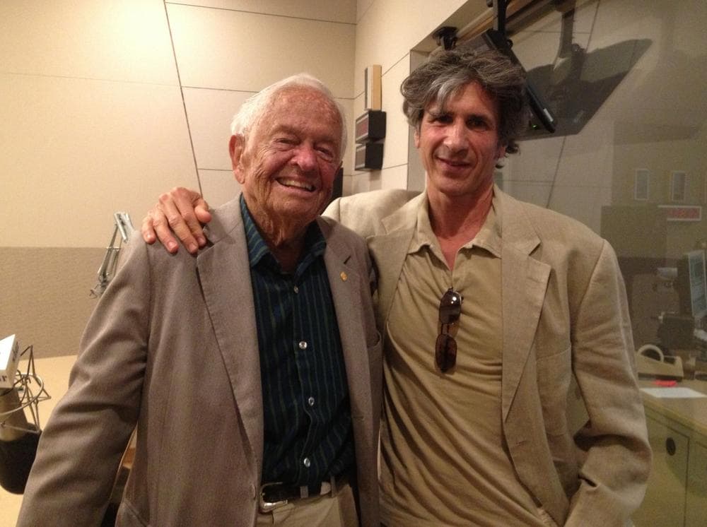 Dr. T Berry Brazelton, left, and Dr. Josh Sparrow are pictured in the Here &amp; Now studios. (Here &amp; Now)