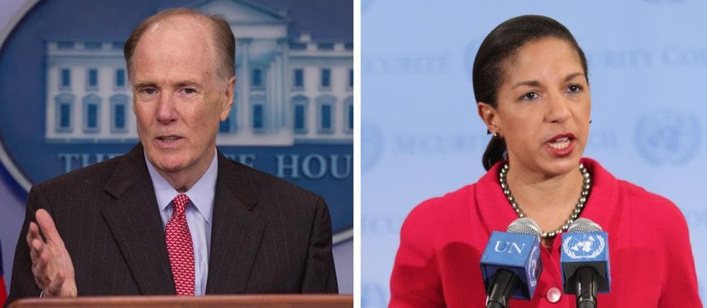 National Security Adviser Tom Donilon, left, speaks at the White House in May 2012. At right, United States Ambassador to the United Nations Susan Rice speaks to reporters  at United Nations headquarters in February 2012. (AP)