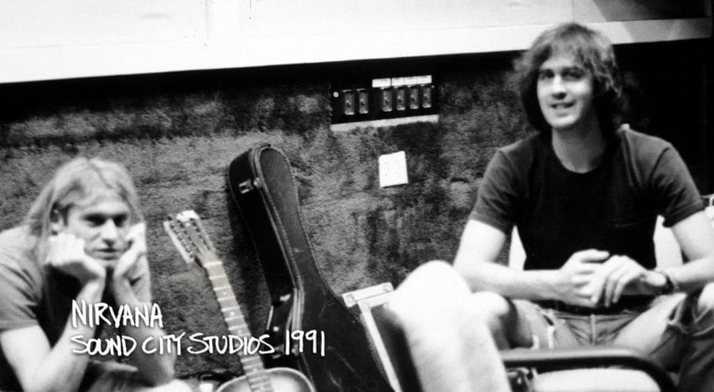 Kurt Cobain, left, and Krist Novoselic of Nirvana at Sound City Studios in 1991 (click to enlarge). (nirvananews.tumblr.com)