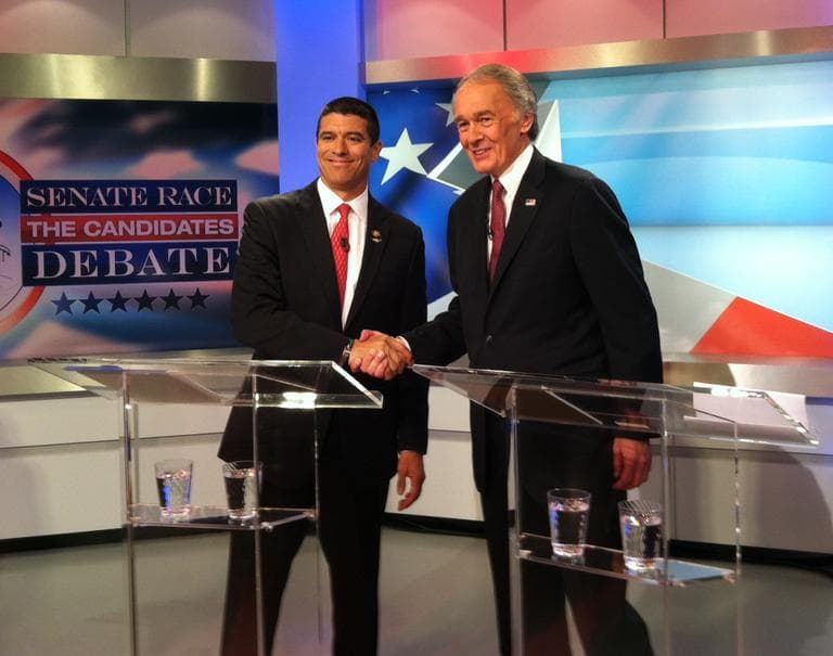 Republican Gabriel Gomez and Democrat Ed Markey shook hands before their first debate in the race for U.S. Senate. (Shoshana Salzberg for WBUR)