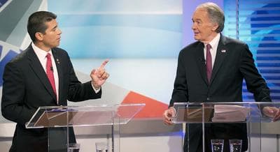 Republican candidate Gabriel Gomez, left, and Democrat Edward Markey clashed in their first U.S. Senate debate on Wednesday, June 5, 2013 in Brighton. (Yoon S. Byun/ AP Pool)
