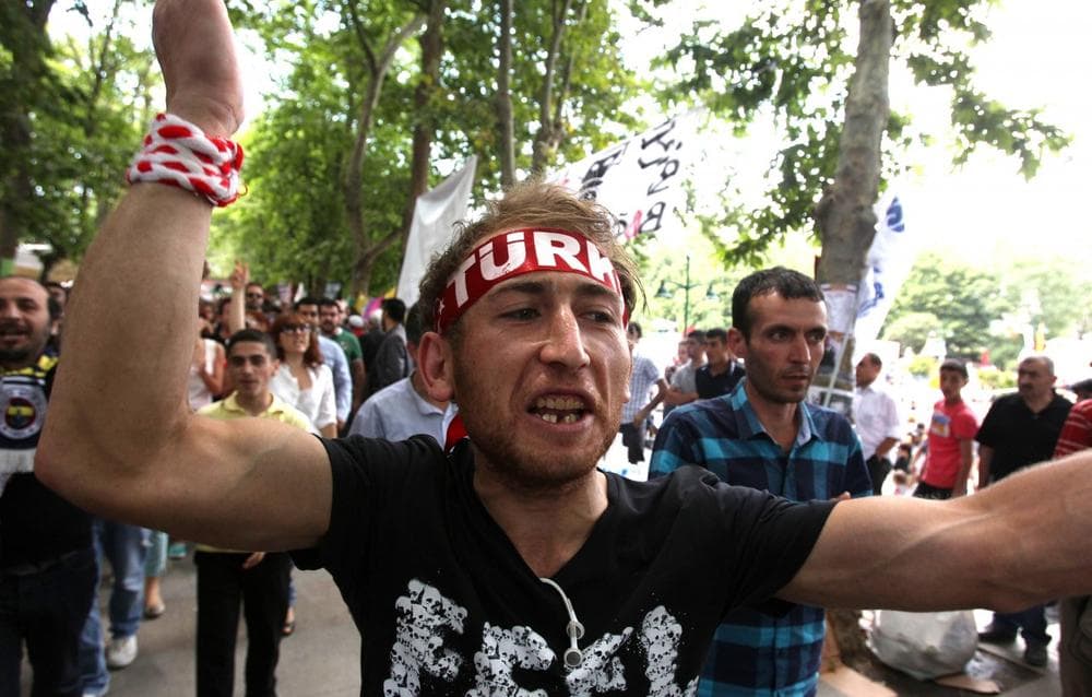 A protester chants slogans during a demonstration at the Gezi park of Taksim square in Istanbul on Thursday, June 6, 2013. (Thanassis Stavrakis/AP)