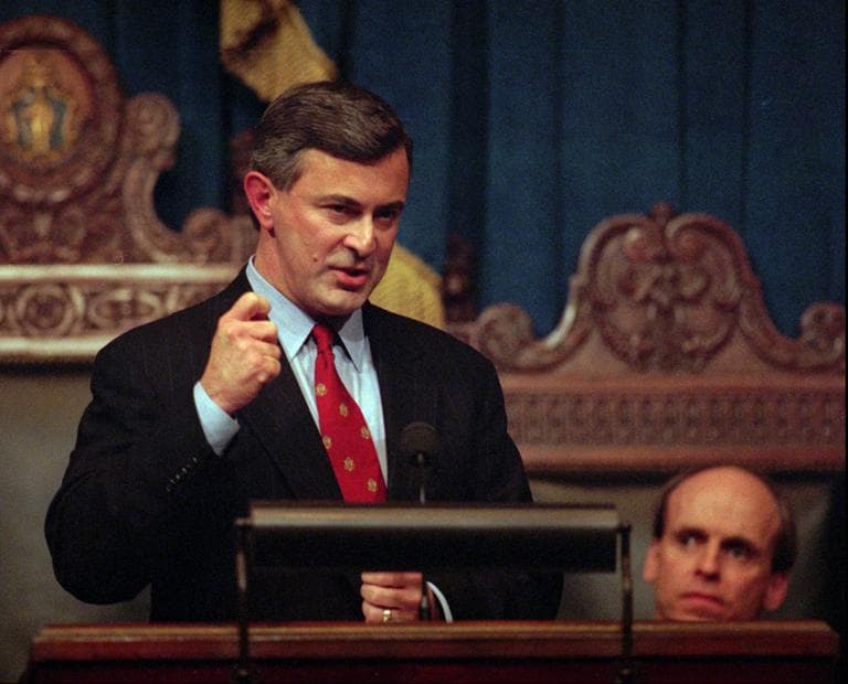 Acting Massachusetts Gov. Paul Cellucci, left, addresses an audience of lawmakers and citizens as House Speaker Thomas Finneran, D-Boston, left, listens Thursday Jan. 15, 1998 at the Statehouse in Boston before Cellucci's &quot;State of the State&quot; address. (William Plowman/AP)
