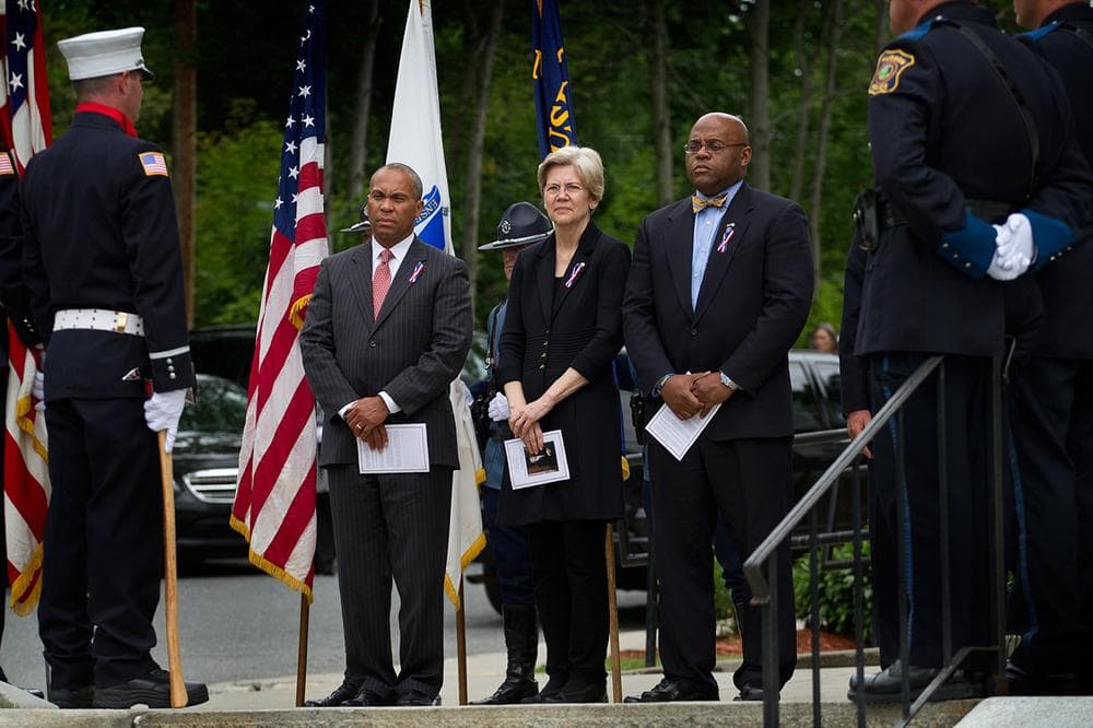 Gov. Deval Patrick and U.S. Sens. Elizabeth Warren and Mo Cowan were among the current and former political figures at Cellucci's funeral. (Jesse Costa/WBUR)