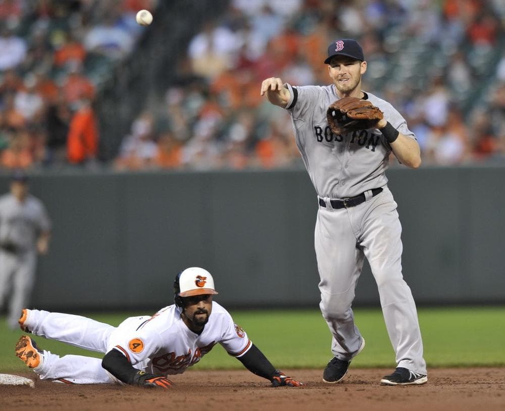 Red Sox shortstop Stephen Drew throws to first after forcing out Baltimore Orioles Nick Markakis at second on a ground ball. (AP/Gail Burton)