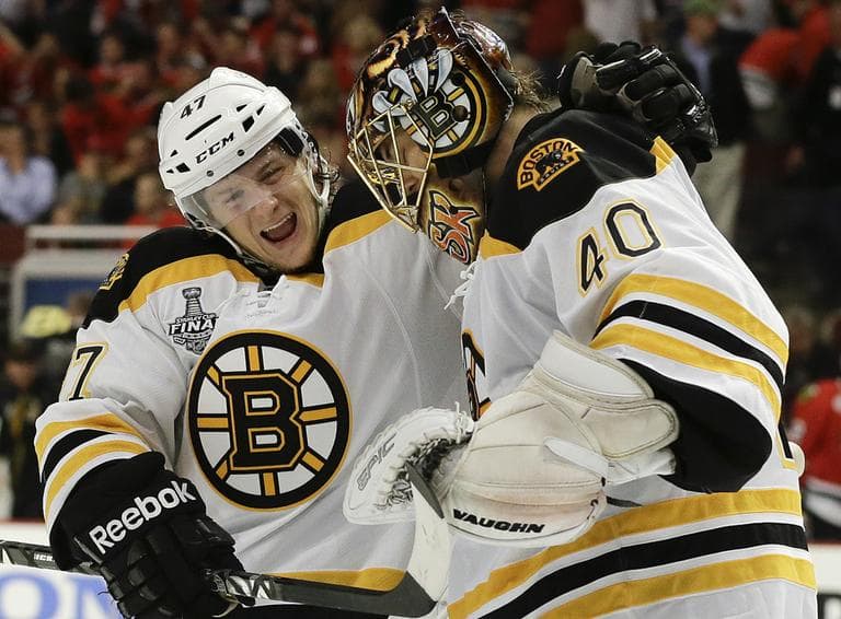 Krug celebrates with Rask after the Bruins beat the Blackhawks in overtime of Game 2 of the Stanley Cup Finals Saturday. (Nam Y. Huh/AP)