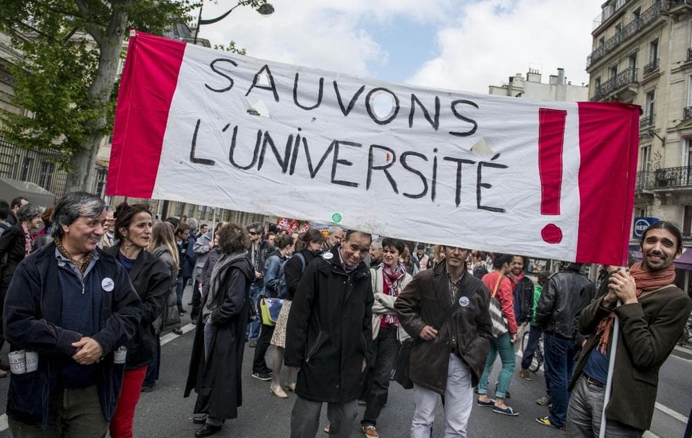 French academics protest in Paris over a planned government reform of higher education that includes a proposal to open up French universities to English language classes in fields like science and economics, Wednesday, May 22, 2013. Banner reads : Save our university. (Benjamin Girette/AP)