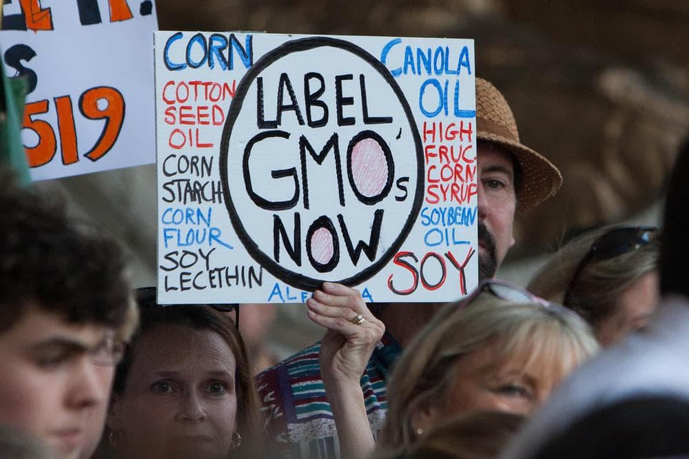 Connecticut was the first state in the country to pass legislation requiring food containing GMOs be labeled as such. Pictured here in May, residents rally in support of the law. (CT Senate Democrats/Flickr)