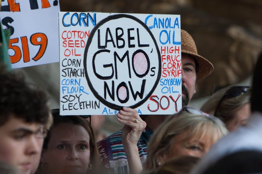 Connecticut was the first state in the country to pass legislation requiring food containing GMOs be labeled as such. Pictured here last year, residents rally in support of the law. (CT Senate Democrats/Flickr) 