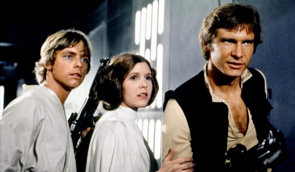  Luke Skywalker (Mark Hamill), Princess Leia Organa (Carrie Fisher), and Han Solo (Harrison Ford) are pictured on the first Death Star in &quot;Star Wars Episode IV: A New Hope&quot; (1977). (Lucasfilm)