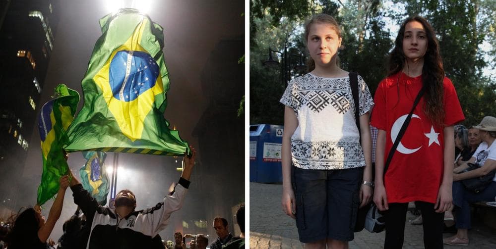 Two photos from Thursday, June 20, 2013: At left, demonstrators in Sao Paulo, Brazil, wave their country's flag while celebrating the reversal of a fare hike on public transportation. At right, young Turks stand in silent protest in Ankara, Turkey. (AP)