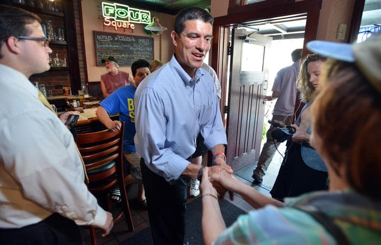 Gabriel Gomez greeted supporters Monday at the Four Square restaurant in Braintree. (Josh Reynolds/AP)