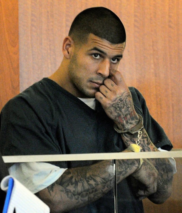 Former Patriots player Aaron Hernandez stands during a bail hearing in Fall River Superior Court Thursday. (Ted Fitzgerald/Boston Herald/AP, Pool)