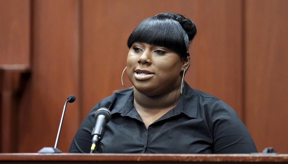 Rachel Jeantel, the witness that was on the phone with Trayvon Martin just before he died, gives her testimony during George Zimmerman's trial in Seminole circuit court in Sanford, Fla. Wednesday, June 26, 2013. (Jacob Langston/Orlando Sentinel via AP)