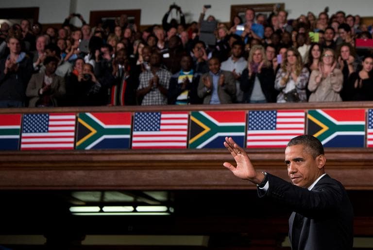 U.S. President Barack Obama speaks at the University of Cape Town Sunday, June 30, 2013, in Cape Town, South Africa. The visit comes as beloved former South African president and anti-apartheid hero Nelson Mandela lies very ill in a Johannesburg hospital. In deeply personal remarks Obama summoned young Africans to fulfill Mandela's legacy, challenging them to shore up progress on the continent that rests on a &quot;fragile foundation.&quot; &quot;Nelson Mandela showed us that one man's courage can move the world,&quot; he said. (Evan Vucci/AP)