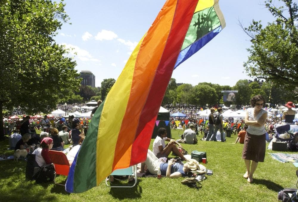 A rainbow flag flies as thousands of people gather on Boston Common for the annual gay pride march and rally, Saturday, June 12, 2004, in Boston. This was Boston's first gay pride festivites since the legalization of gay marriage in the state of Massachusetts. (AP Photo/Michael Dwyer)