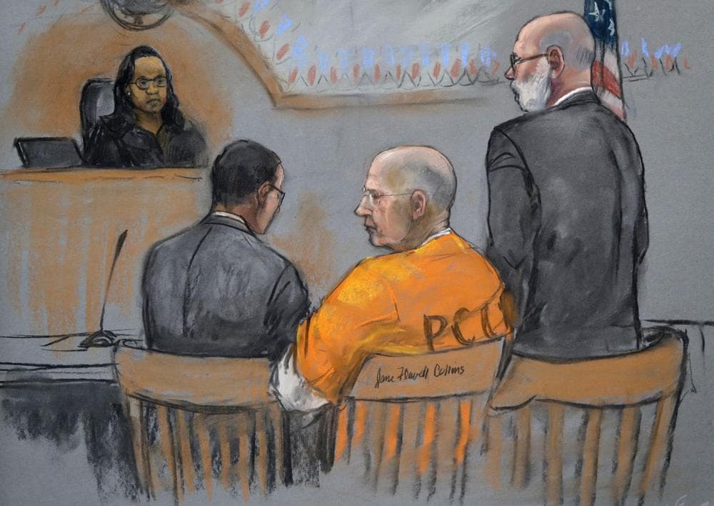 A courtroom sketch depicts James &quot;Whitey&quot; Bulger, center, during a pretrial conference before U.S. District Judge Denise Casper, left rear, in a federal courtroom in Boston Monday, June 3, 2013. Bulger is flanked by his attorneys Henry Brennan, left, and J.W. Carney Jr., standing at right. Jury selection begins Tuesday for Bulger's trial. (AP)