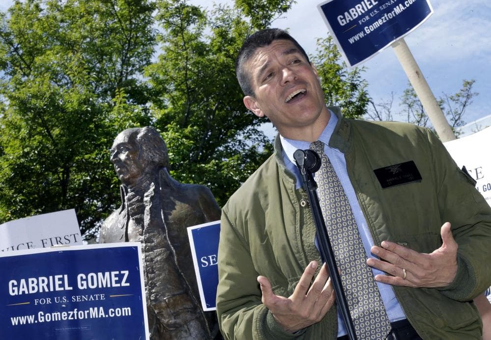 In this May 16, 2013 file photo, Gabriel Gomez, Republican candidate for U.S. Senate in the Massachusetts special election, campaigns in front of the John Adams statue in downtown Quincy, Mass. A former Navy Seal, Gomez is a political neophyte, but he's hoping to pull of a Scott Brown-style upset in the Massachusetts Senate June 25 special election senate race against Democrat Rep. Ed Markey. (AP)