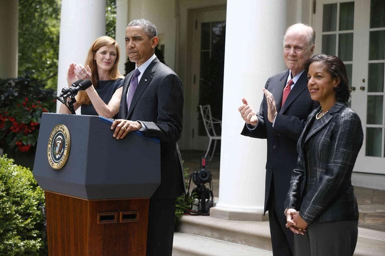 President Barack Obama stands with UN Ambassador Susan Rice, his choice to be his next National Security Adviser, right, current National Security Adviser Tom Donilon, who is resigning, second from right, and Samantha Power, his nominee to be the next UN Ambassador, left, Wednesday, June 5, 2013, in the Rose Garden at the White House in Washington, where he made the announcement. (AP)