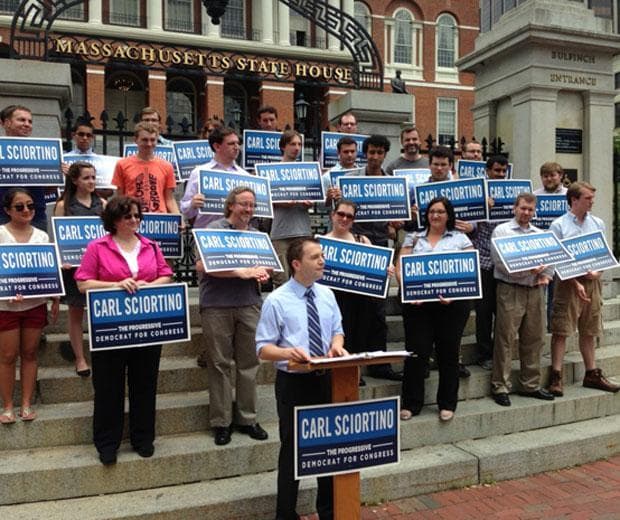 State Rep. Carl Sciortino announces his Congressional campaign (David Scharfenberg/WBUR)