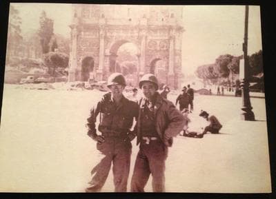 Susumu Ito, left, is pictured with his colleage George Takayanagi  in front of the Arch of Constantine in Rome, Italy. (Vincent Yee photo of Susumu Ito photo)