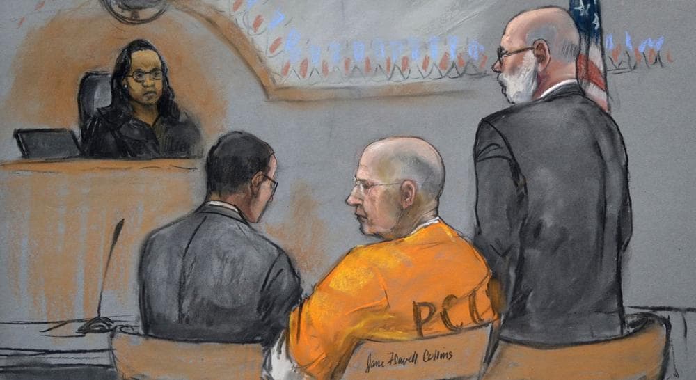 A courtroom sketch depicts James &quot;Whitey&quot; Bulger, center, during a pretrial conference in a federal courtroom in Boston, Monday, June 3, 2013. Bulger is flanked by his attorneys. (Jane Flavell Collins/AP)