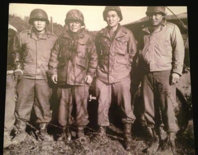 Susumu Ito is second from the right in this photo taken in France during WWII of four Japanese American soldiers who became officers in the 44nd. The other three veterans are now deceased. (Vincent Yee photo of Susumu Ito photo)
