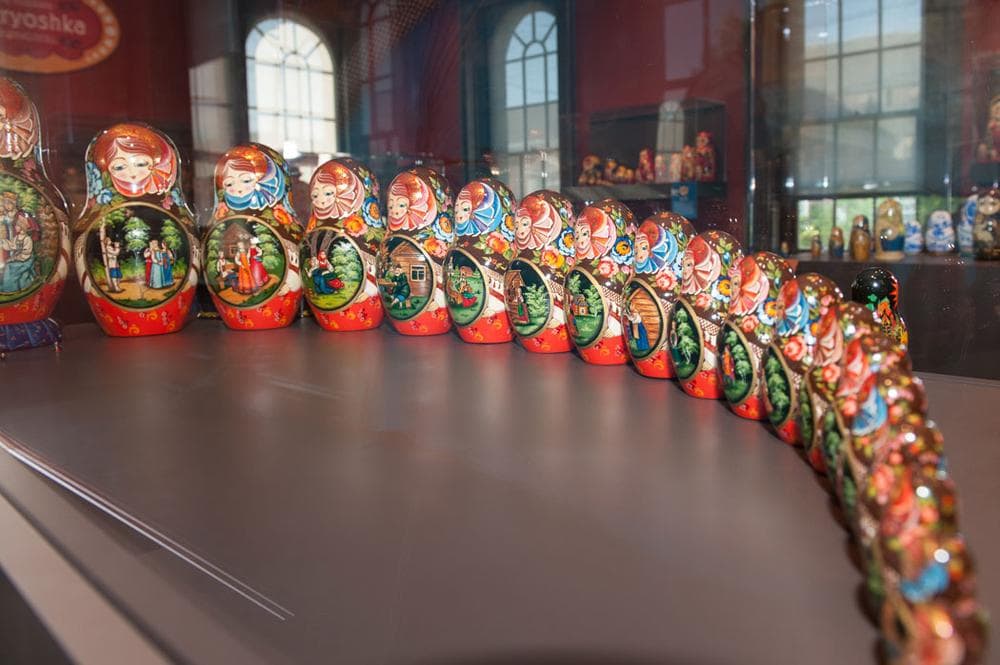 A 25-piece lacquer Matryoshka set from Sergiev Posad (Zagorsk) by Varlamova, one of the largest groups in the exhibit. (Dany Pelletier/Courtesy of Museum of Russian Icons)