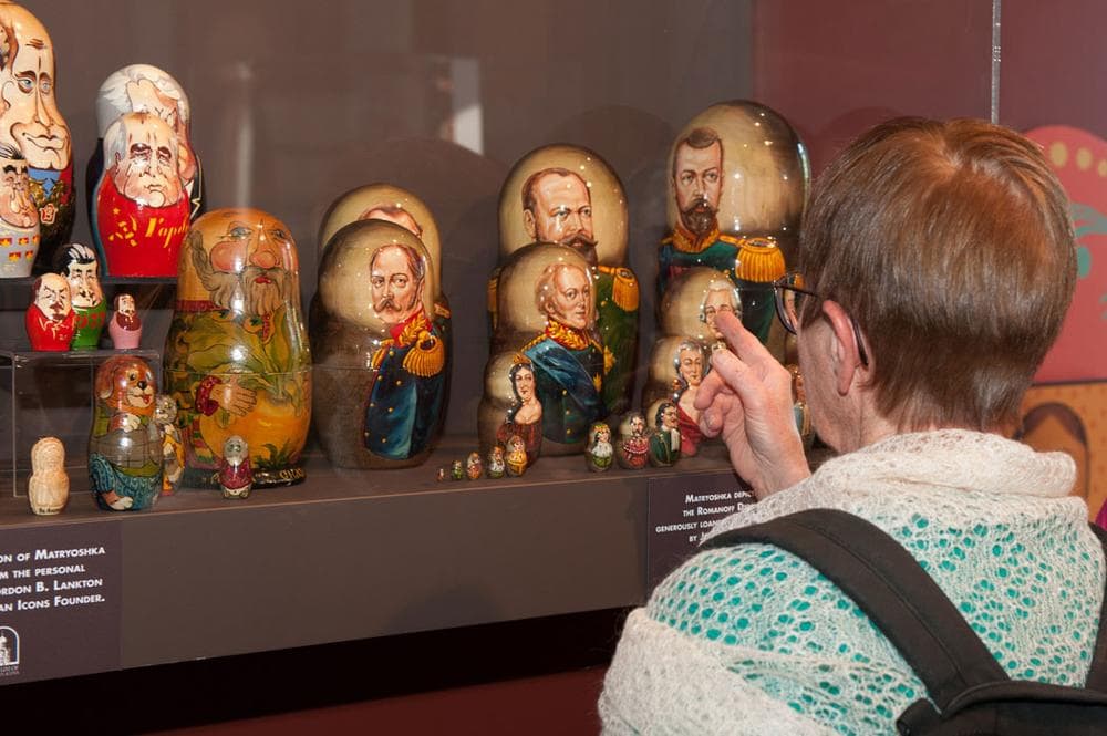 A set of 18 nesting dolls on view at the Museum of Russian Icons depicts the complete Russian Romanov dynasty of Czars. Another group, at left, depicts Soviet leaders. (Dany Pelletier/Courtesy of Museum of Russian Icons)