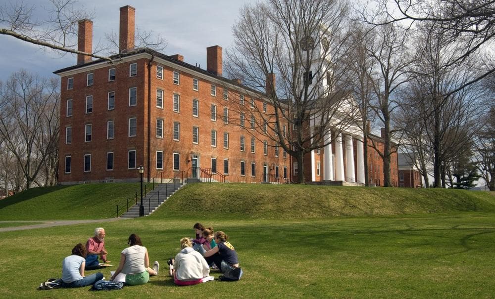 Students at Amherst College attend a class in front of College Row. (Samuel Masinter/Amherst College)
