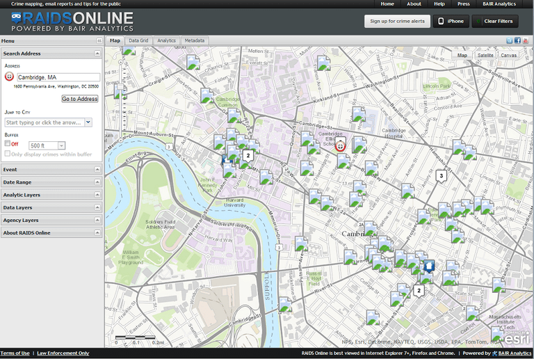 Screenshot of RAIDS Online, a new tool that maps crimes in Cambridge