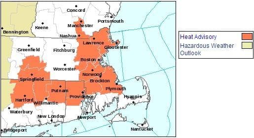 A heat advisory is in effect for the areas highlighted in orange, effective until 7 p.m. on Saturday. (National Weather Service)