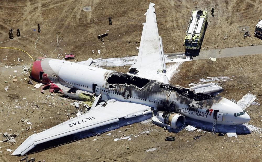 This aerial photo shows the wreckage of the Asiana Flight 214 airplane after it crashed at the San Francisco International Airport in San Francisco, Saturday, July 6, 2013. (Marcio Jose Sanchez/AP)