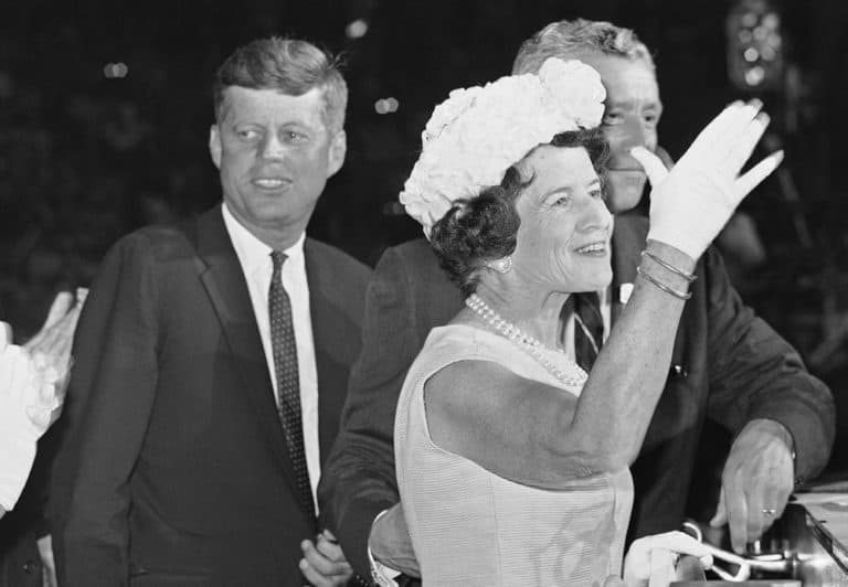 Rose Kennedy waves to delegates at the Democratic National Convention in 1960 after she was introduced with her son, Sen. John F. Kennedy, the party’s presidential nominee. (AP)