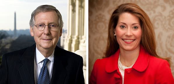 U.S. Senator Mitch McConnell, left, and his challenger, Kentucky Secretary of State Alison Lundergan Grimes.