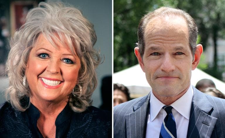 LEFT: Paula Deen in New York in 2010 (Jeff Christensen/AP File). RIGHT: Eliot Spitzer tries to collect signatures for his run for New York City Comptroller in New York, Monday, July 8, 2013. (Bethan McKernan/AP)