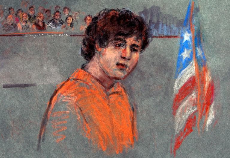 This courtroom sketch depicts Boston Marathon bombing suspect Dzhokhar Tsarnaev during his arraignment in Boston's federal court Wednesday. The 19-year-old pleaded not guilty to all charges. (Margaret Small/AP)