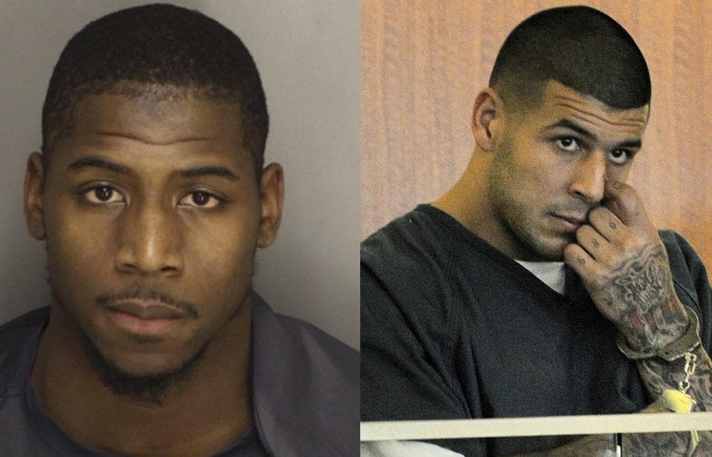 Alfonzo Dennard in an undated booking photo and Aaron Hernandez at a June 27 bail hearing. (AP)
