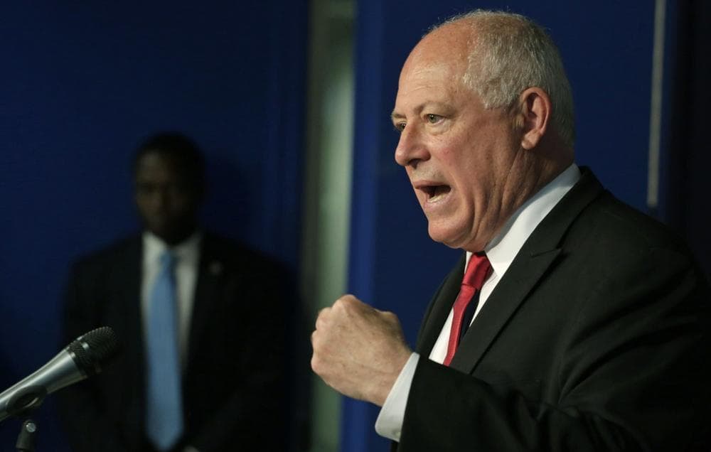 Illinois Gov. Pat Quinn speaks during a news conference announcing he would use his line-item veto on a bill that would suspend Illinois Lawmakers' pay during a new conference Wednesday, July 10, 2013, in Chicago. (M. Spencer Green/AP)