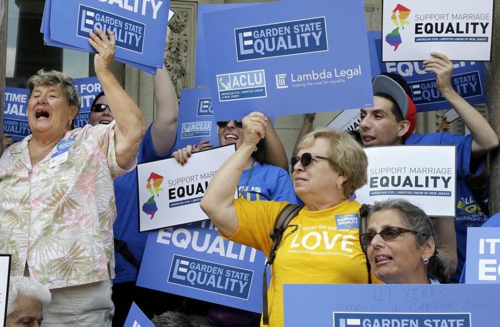 Advocates for gay marriage in New Jersey gather outside the Statehouse in Trenton, N.J., June 27, 2013. (Mel Evans/AP)